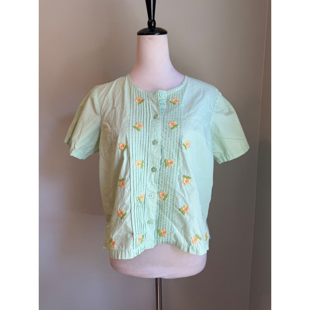 Denim & Co Mint Green Floral Embroidered Button Front Blouse Small cottage boho